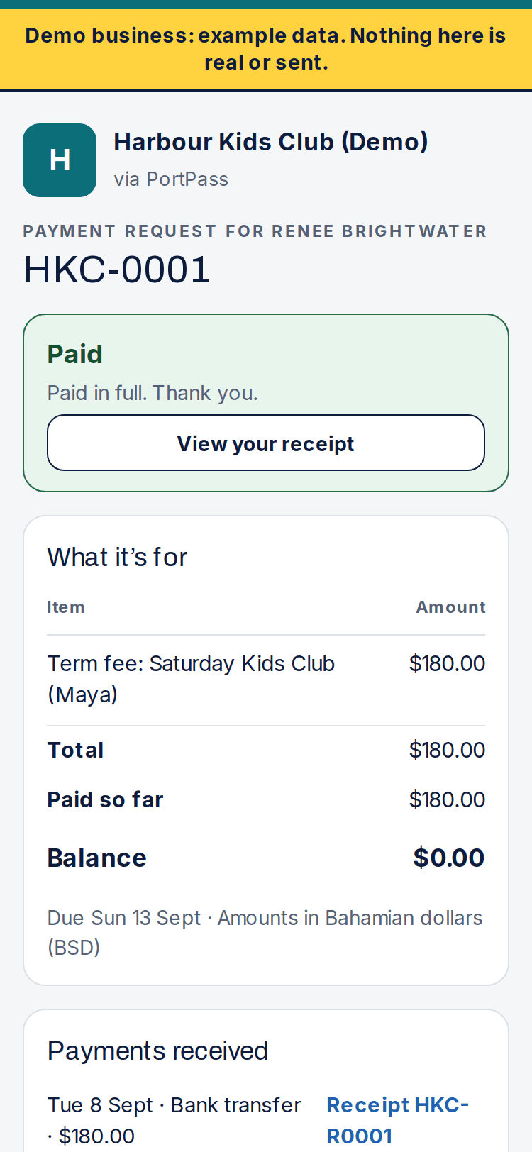 The same page once the business has marked the request paid, with a receipt