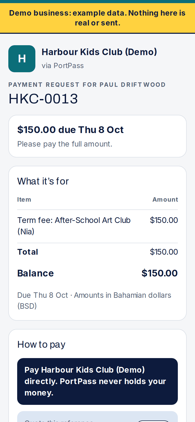 The page a customer opens from a payment request: the amount, what it is for and how to pay the business directly