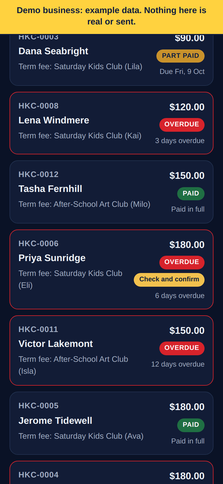 A business's list of payment requests on PortPass, each marked sent, part paid, overdue or draft